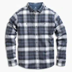 KUHL Law Flannel Long Sleeve - Men's (Fall 2022) -Western Mountaineering shop 7373 Law Flannel LS Stellar Blue Laydown rsz 23614.1668031803